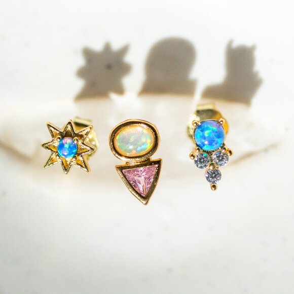 Opal Star Studs Blue opal Starburst Earrings North Star Studs Tiny Gold Studs - Picture 5 of 13